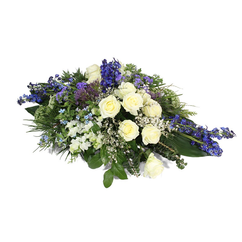 Bloemstuk ovaal blauw wit