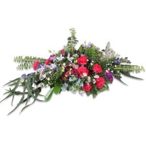 Veldbloemstuk ovaal rosé paars incl. hout